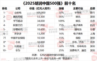 2025胡润中国500强发布：价值下降前三名为美团、Shein、迈瑞