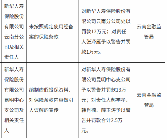 新华保险云南分公司与昆明中心支公司合计被罚25万元：未按照规定使用经备案的保险条款等  第1张