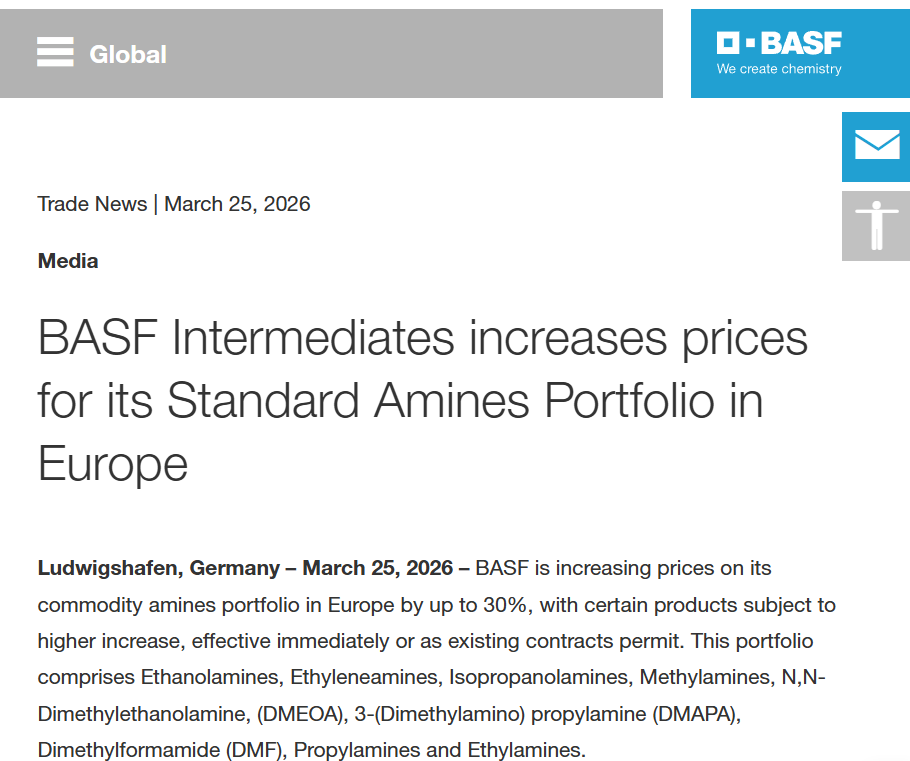 化工巨头巴斯夫发布第五份涨价公告，基础胺类涨幅可达30%  第1张